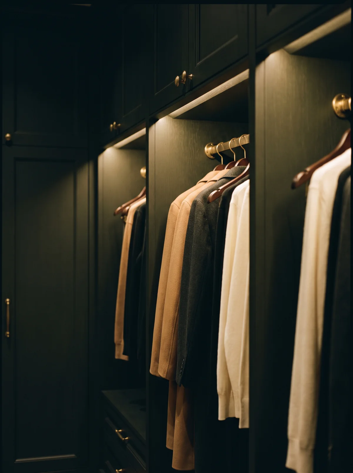 Clothes hung and spaced in a private wardrobe, ready to be kept.